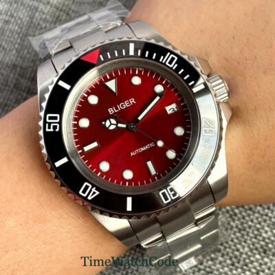 43mm Bliger Automatic Mechanical Mens Watch Red Dial Date PT5000/NH35/Miyota8215