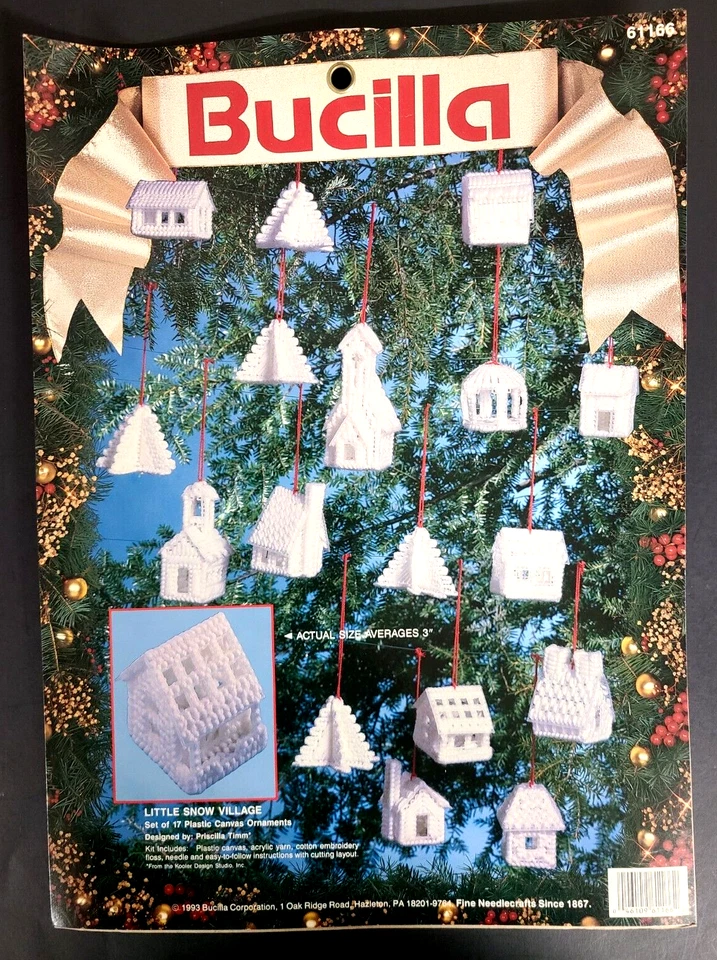 Vtg Bucilla LITTLE SNOW VILLAGE Plastic Canvas 17 Christmas Ornament Kit #61166 - Image 3 of 3