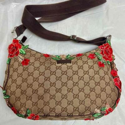 Vintage Gucci Brown Mono Red Floral Shoulder-Crossbody Bag