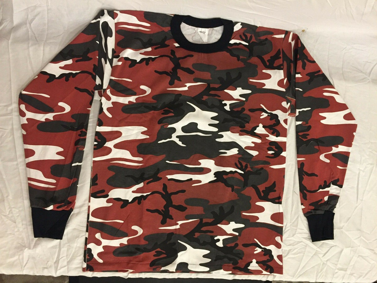 NWT's Red White BDU Camouflage Long Sleeve T- Shirt 100% Cotton