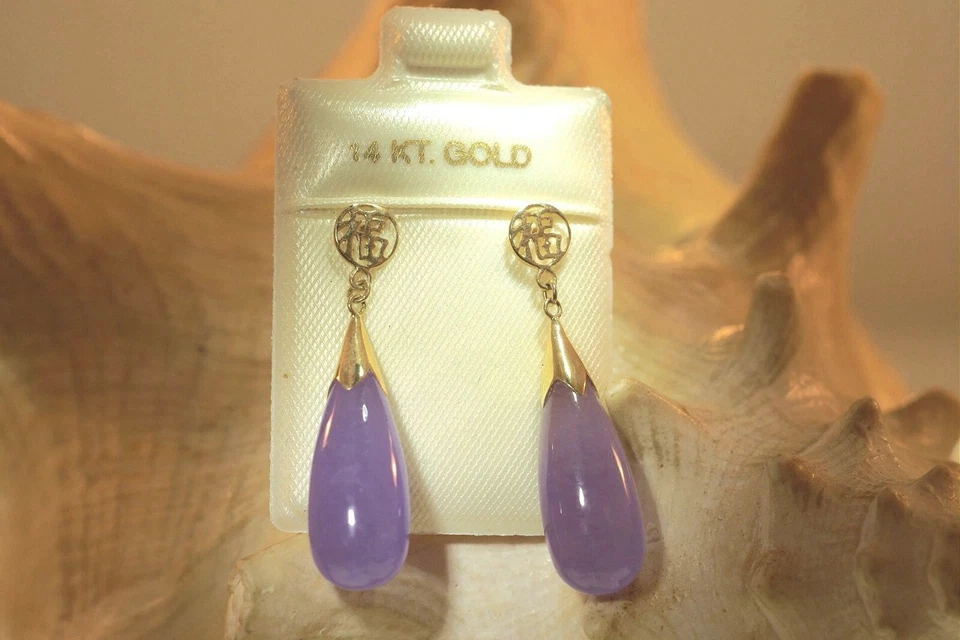 PENDIENTES COLGANTES 8MM ORO AMARILLO 14K BUENA FORTUNA LÁGRIMA LAVANDA JADE #2 Foto 3 de 4