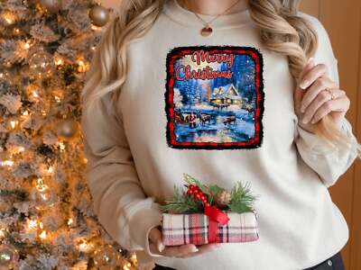 Merry Christmas Vintage Scene Buffalo Plaid Sweatshirt, Vintage