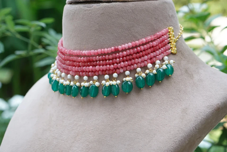Handmade Pink & Green Onyx Beads Layering Choker Pearls Necklace Women's Jewelry - Imagem 2 de 4
