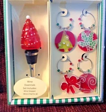 Home Essential Wine Bottle Stopper Cork & 4 Glass Charms Christmas Theme Giftset