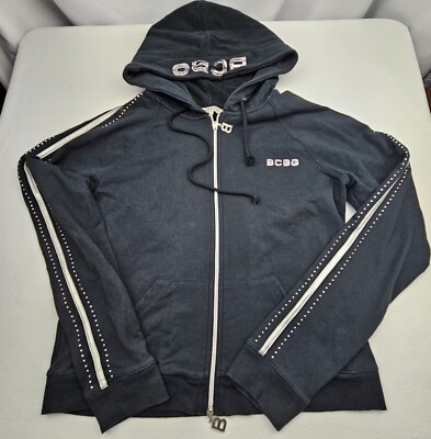 BCBGeneration Rhinestones  Full Zip Hoodie Hood Logo Diamond Studded XL Black
