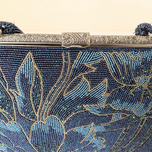 Japanese Vintage Beaded Evening Bag Floral Pattern Blue 9.8x9 inch - Picture 13 of 19