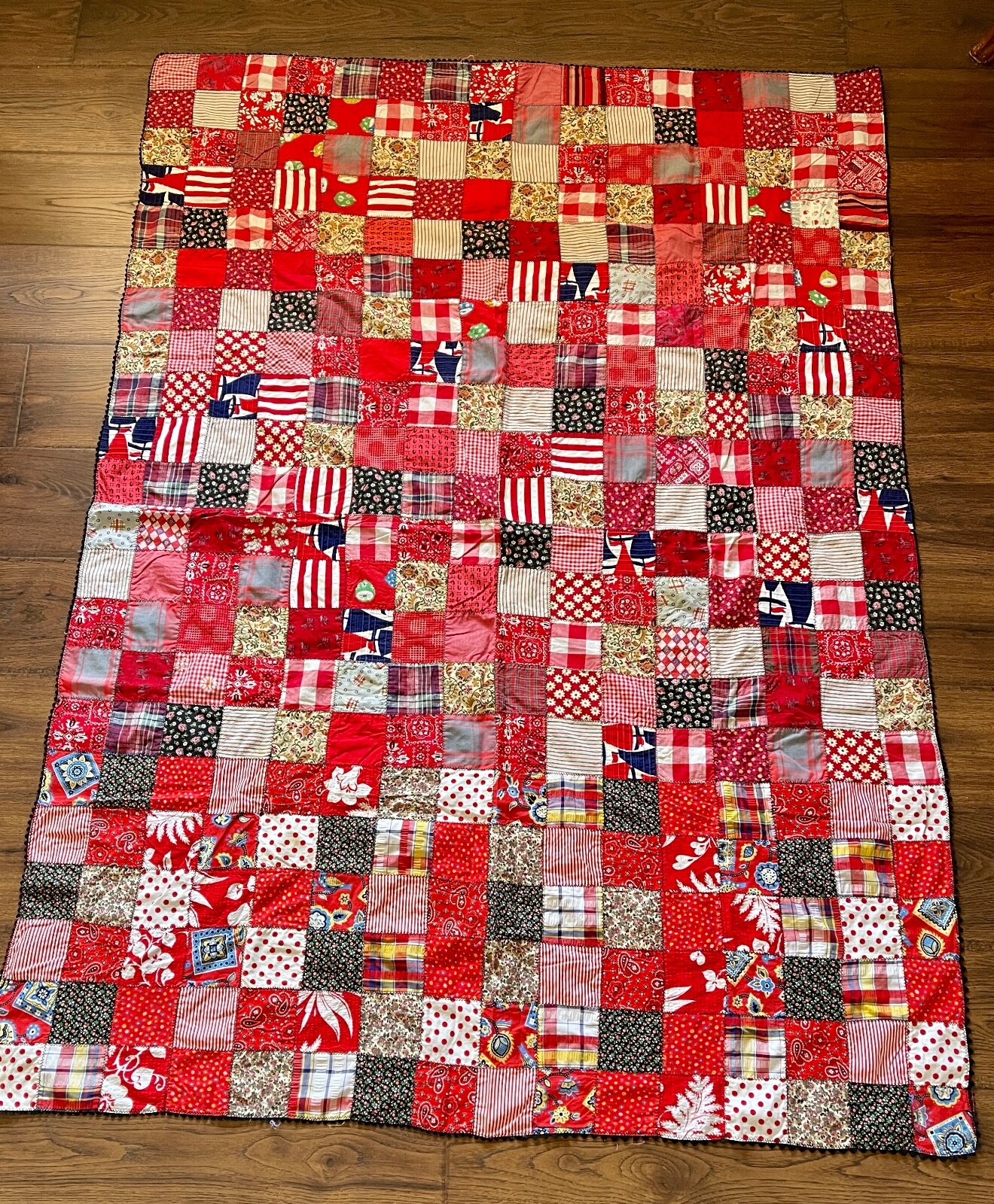 Handmade Cotton Fabric Patchwork Squares Quilt Topper Rick Rack Edge 52