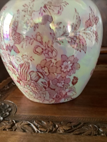 Vintage 6.5” Maling pearl lustre ginger jar vase & cover butterflies, birds etc - Picture 23 of 24