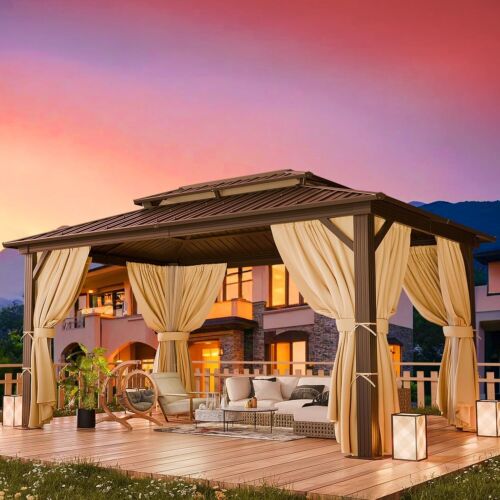 10' x 12' Outdoor Hardtop Gazebo Canopy w/ Aluminum Frame Sidewalls, Brown NEW# - Picture 5 of 22