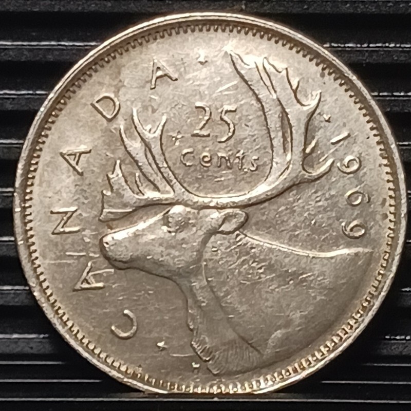 1969 25 Cents Canada AU Small Denticles 2nd Portrait World Coin 