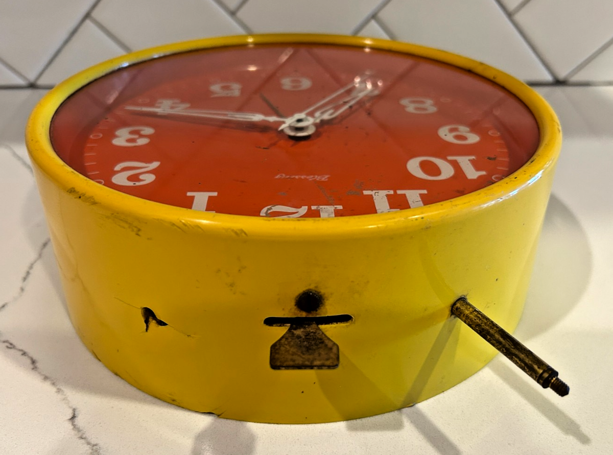 Vintage Blessing Alarm Clock W Germany Red Dial Yellow Metal 8.25
