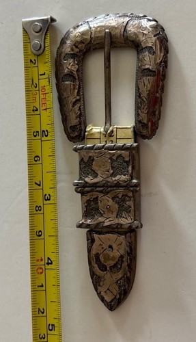 Bella fibbia da cintura decorata vintage messicana argento sterling oro sovrapposta set 4 pezzi - Foto 2 di 12