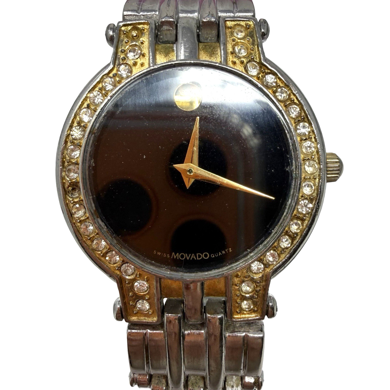 Vintage Movado Museum Style Quartz Watch Rhinestone Two Tone Bracelet Working