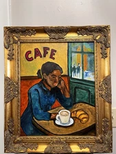 Original Oil Painting Framed – Café Scene Woman – 16x20 – Post-Impressionist