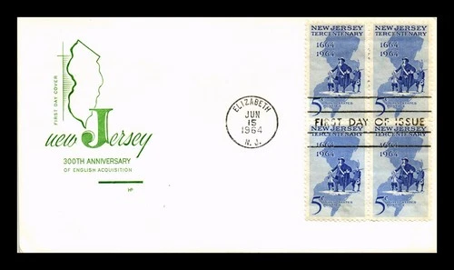 US FIRST DAY COVER BLOCK OF 4 HF CACHET NEW JERSEY TERCENTENARY 1964