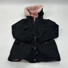 Women's Hooded Parka Black Exterior, Pink Lining Faux Shearling Lining, Size S