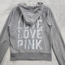 PINK Victoria's Secret Hoodie Womens XS Gray Sequin Dog Love Pink Full Zip Y2K
