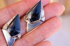 Vintage Artisan Modernist Mixed Metal Sterling Silver & Onyx Earrings Signed