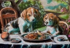 Jacob Landis HANDMADE Painting art Card ACEO Dog  Beagle Pups "Beagle Breakfast"