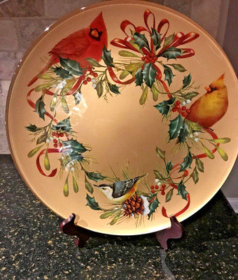 Lenox Winter Greetings Cardinal Gold Foil Decoupage Glass Round Platter, Box LN!