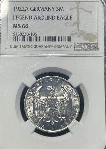 NGC MS66 Germany 1922A Eagle 3 Mark Super GEM BU Scarce- Large Coin High Grade