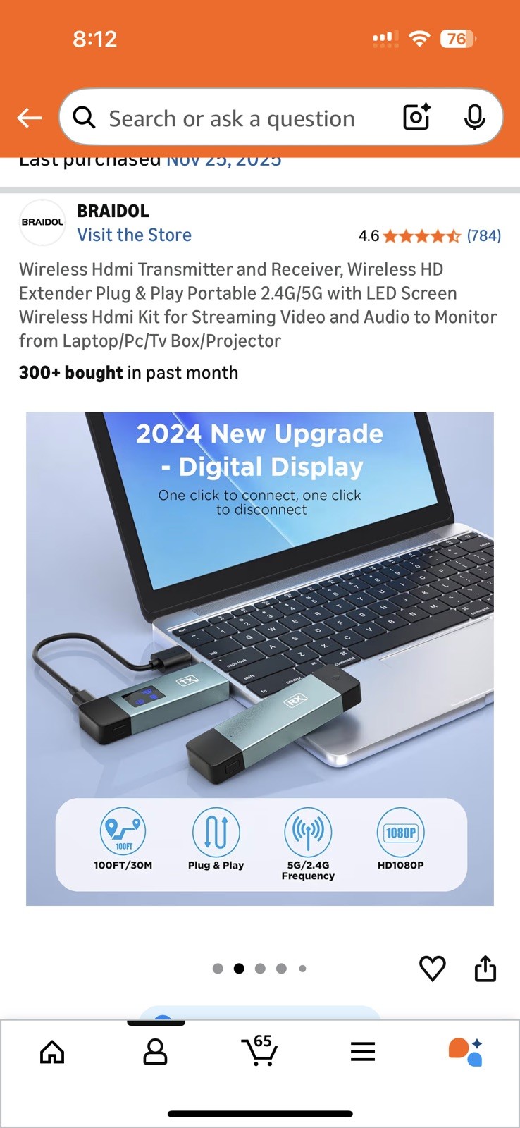 Braidol Wireless HDMI Transmitter and Receiver, HD  Plug Play 2.4G/5G purple  