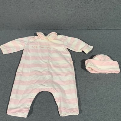 Petit Bateau Pink White Striped Cotton Romper Hat Set 6M Made in France
