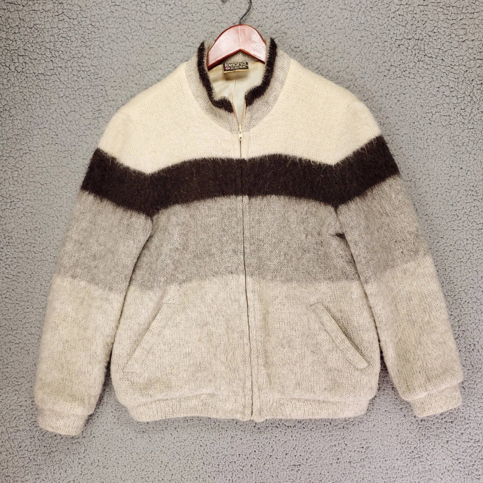 VTG 70s Samband of Iceland Icelook Wool Jacket M Cream Gray Striped Boxy Bomber