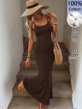 Womens Long Cotton Maxi Dress With Spaghetti Straps
