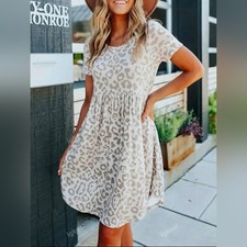 Shein XL (Size 12) Leopard Print Short Sleeve A line Babydoll Mini Dress