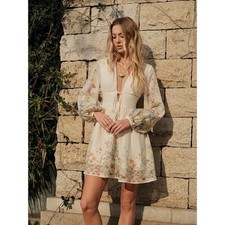 Commense Floral Mini Dress Sheer Sleeve Tie Front V Neck Bohemian Apricot M