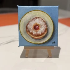 Original Mini Donut Painting • Sweet Still Life Art on Canvas • MK Signed, 4x4
