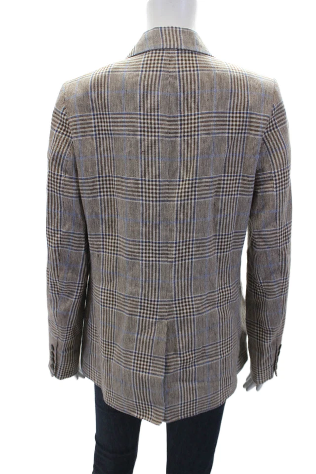 Brora Womens Two Button Notched Lapel Plaid Blazer Jacket Brown Blue Linen 10 - Image 3 of 4