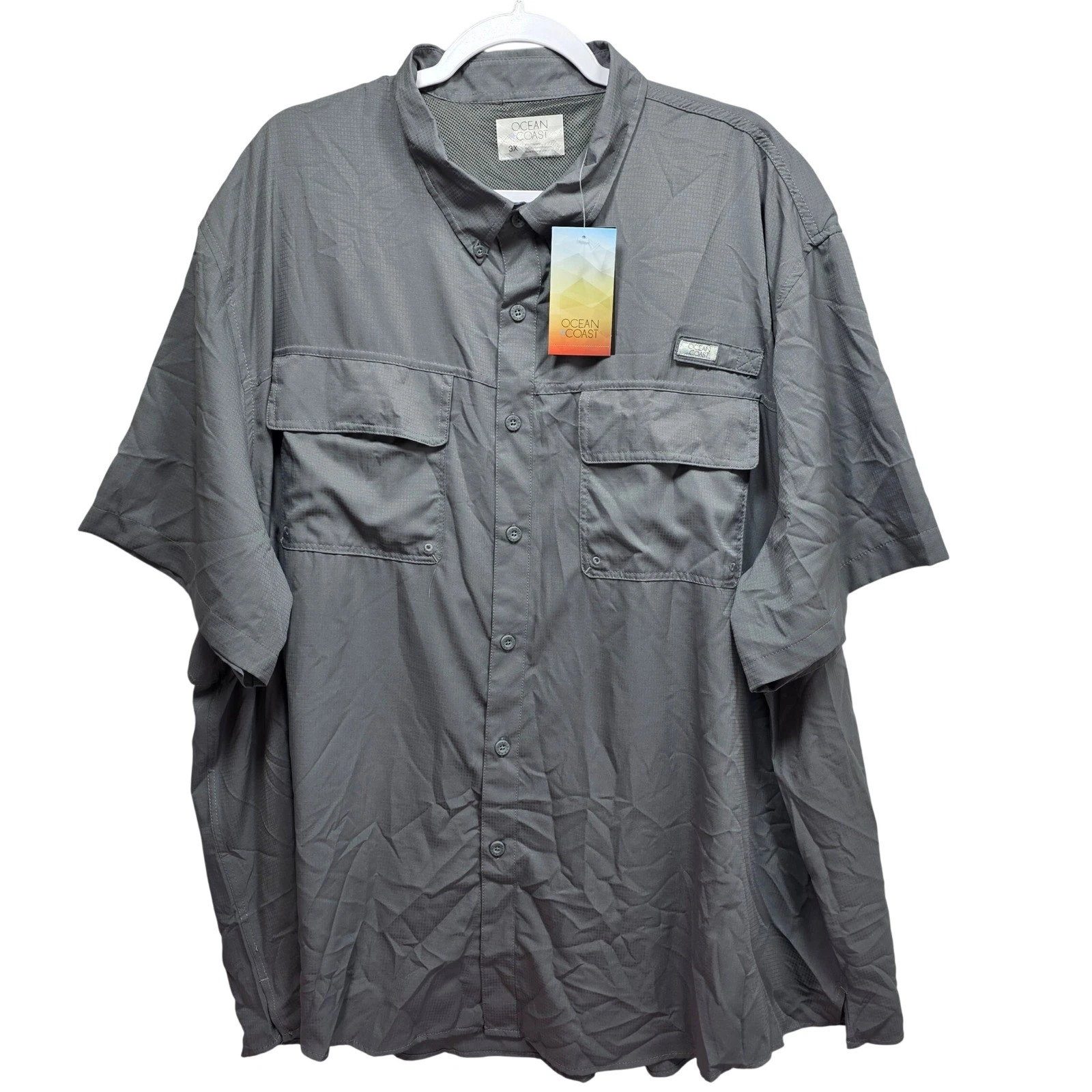 Ocean Coast Mens 3X Grey Short Sleeve Button Up Fishing Shirt UPF 30 Vented
