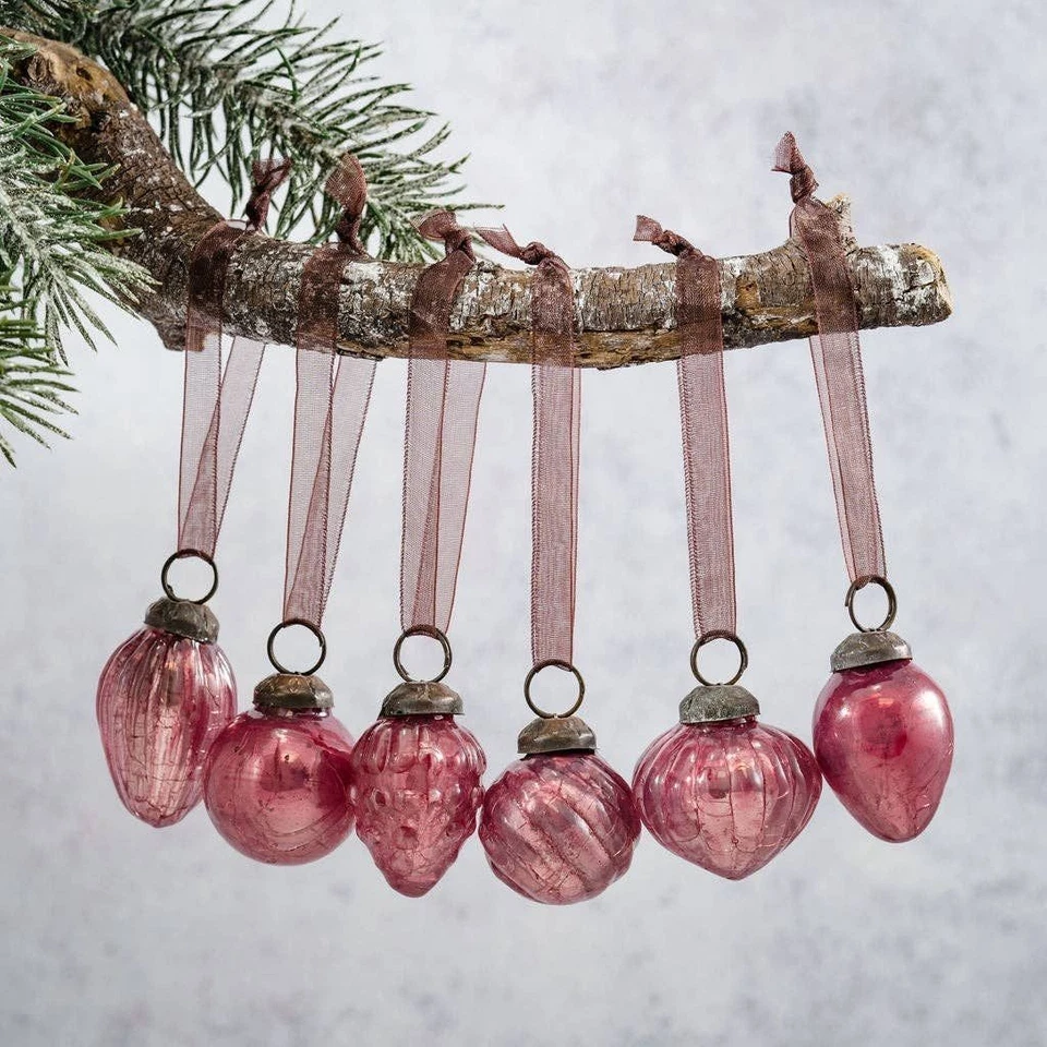 Mini Christmas Baubles Mauve Pink Crackle Glass Gift Set of 6