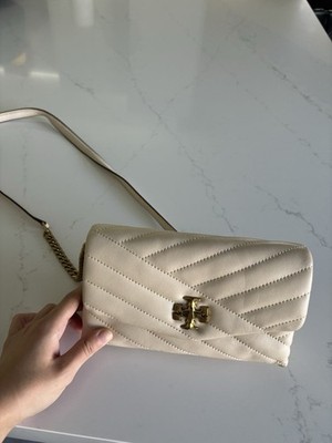 Tory Burch Ivory Quilted Chevron Shoulder Bag Gold Hardware Logo Accent