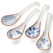 Chinese Soup Spoons Set of 4 Korean Spoons Porcelain Ramen Spoons for Pho Noo...