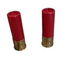 Pachmayr Salt & Pepper Shakers Mimic Shot Gun Shells Plastic Top Brass Base VTG