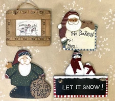 4 Wood Ornaments Mixed Lot Primitive Hand Painted Santa To: From: Snowman Ruler