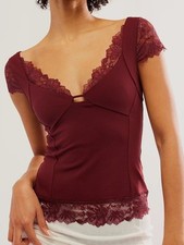Women's Top- Lace Detail V-Neck Cap Sleeve Top