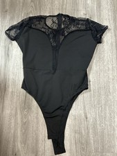 Bbodysuit 1-piece L Black CAP-SLEEVE Sheer Lace Solid Bodice Witchy Goth Vamp