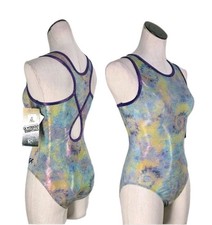 GK Elite VTG Pixelated Foil Watercolor Keyhole Logo Tank Leotard FLAW Size AL