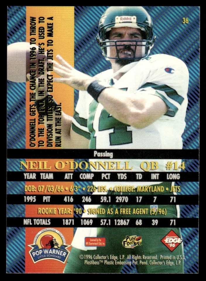 1996 Collector's Edge Advantage Neil O'Donnell New York Jets #36 21300 - Image 2 of 2