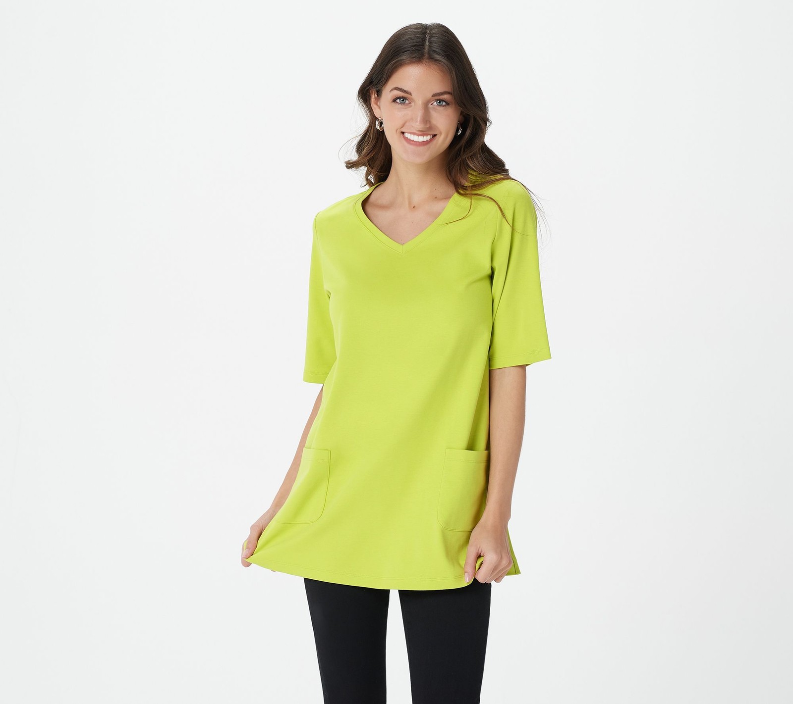 Isaac Mizrahi Live! Women's Top Sz M Essentials Pima Cotton V-Neck Green A395252