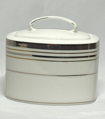 Lenox Sugar Bowl W/Lid Kate Spade NY Downing Street White- Gold & Silver Stripes