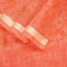 Sanskriti Vintage Peach Blend Cotton Saree Block Print Kota Woven 5.5 Yd Fabric