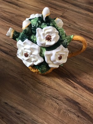 KHIEN MINIATURE CERAMIC BLACK//WHITE CHERRIES TEA POT FRUIT BASKET FLOWERS TM-208