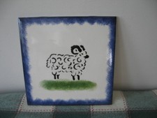 Blue Spongeware 6" Tile with Jacob Sheep or Ram by Snyder 1996