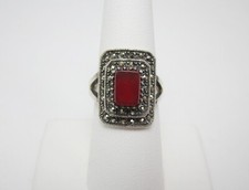 Wonderful ANTIQUE FANCY CUT Orange CARNELIAN  MARCASITE Tiered RING SZ 9