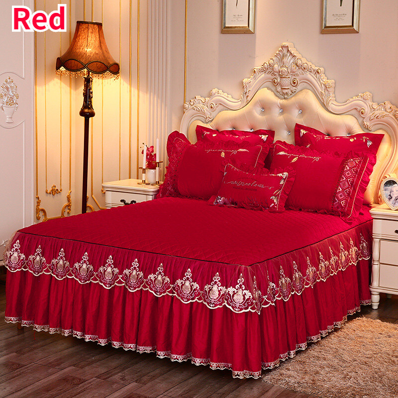 Thickened Quilted Bed Skirt Bed Cover Bed Sheet Pillowcase Set Simple Flower Lace Bedding Set
